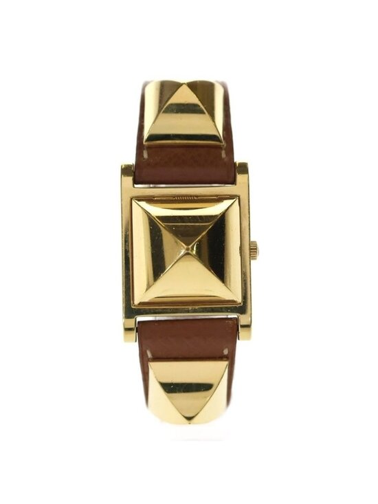 Hermes Vintage Medallion Quartz Leather Watch Gold Brown main image 6